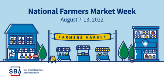 Illustration of main street businesses with the following text, National Farmers Market Week, August 7-13, 2022. The SBA logo is at the bottom.