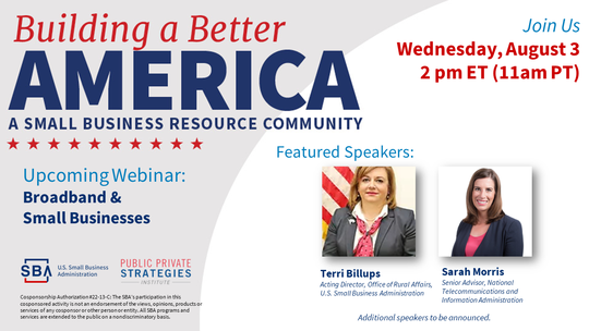 Photo of two people and the following text, upcoming webinar broadband and small businesses on August 3 at 2 pm ET