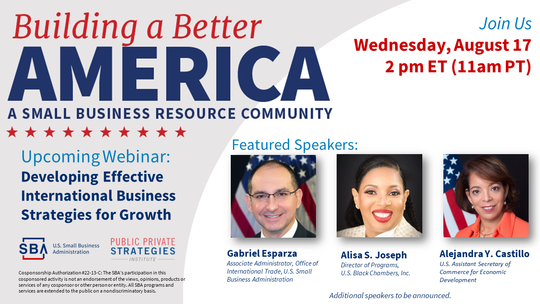 Photo of three people with the following text, Developing Effective Business Strategies for Growth webinar on August 17 at 2 pm ET