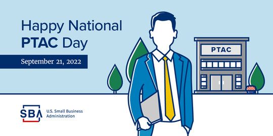 Illustration of a person, building and trees with the following text, Happy National PTAC Day, September 21, 2022