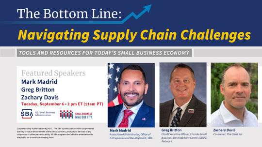 Photo of three people with the following text, Navigating Supply Chain Challenges webinar on September 6 at 2 pm ET 