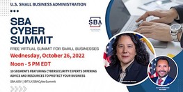 Photo of two people and a person tying on a laptop with the following text, SBA Cyber Summit on October 26 at Noon EDT