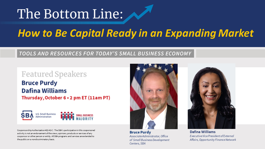 Photo of two people with the following text, how to be capital ready in an expanding market webinar on October 6 at 2pm ET