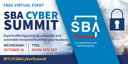 Illustration with a lock and circuits. Text: Free virtual event SBA cyber summit 
