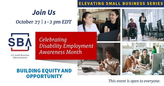 8 people sitting & standing indoors, laptops & desks with text, Celebrating Disability Employment Awareness Month webinar on Oct. 27 at 1pm EDT