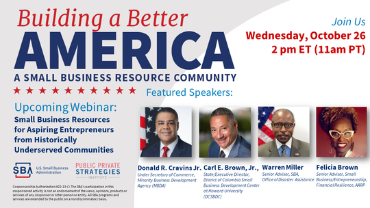 Four people with the following text, Small Business Resources for Aspiring Entrepreneurs from Historically Underserved Communities webinar
