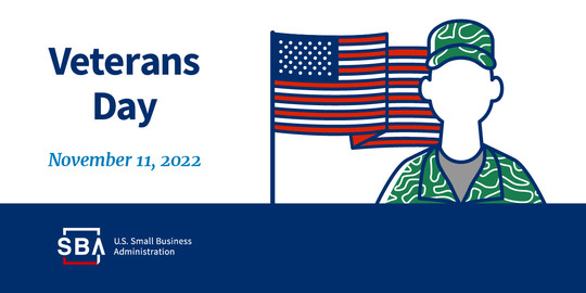 Illustration of a person and the American flag with the following text, Veterans Day, November 11, 2022. The SBA logo is at the bottom.