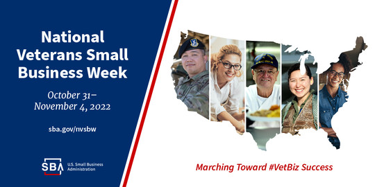 Photo of five people framed around an illustration of the U.S. with text, National Veterans Small Business Week, Oct.31-Nov.4, sba.gov/nvsbw