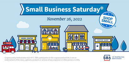 Illustration of a main street with small businesses, shop small logo, SBA logo and text, Small Business Saturday, November 26, 2022. 