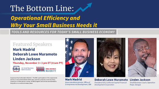 Photo of three people with the following text, Operational Efficiency and Why Your Small Business Needs it webinar on November 3 at 2 pm ET