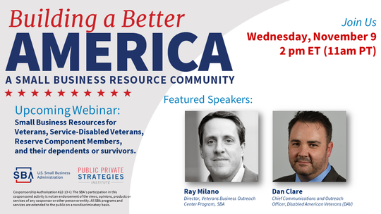 Photo of two people and text, Small Business Resources for Veterans Webinar on November 9 at 2 pm ET