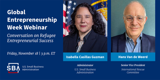 Photo of two people with text, Global Entrepreneurship Webinar on November 18 at 3 pm ET