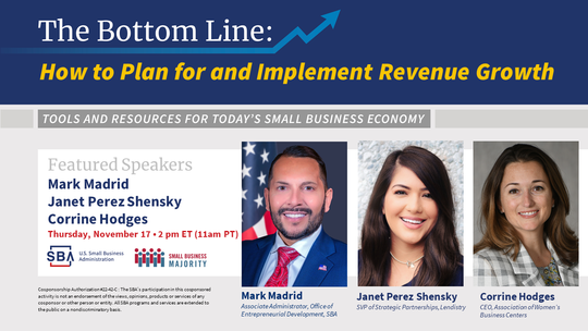 Photo of three people with text, How to Plan for and Implement Revenue Growth webinar on November 17 at 2 pm ET