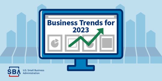 Illustration of a computer monitor showcasing a graph with an arrow pointing and text, business trends for 2023. The SBA logo is at the bottom.