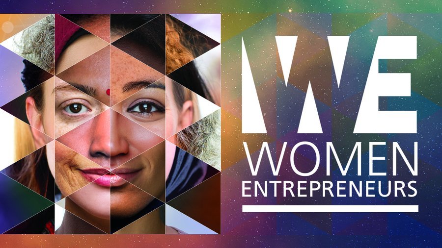 Parts of faces put together to form one face and text, WE Women Entrepreneurs