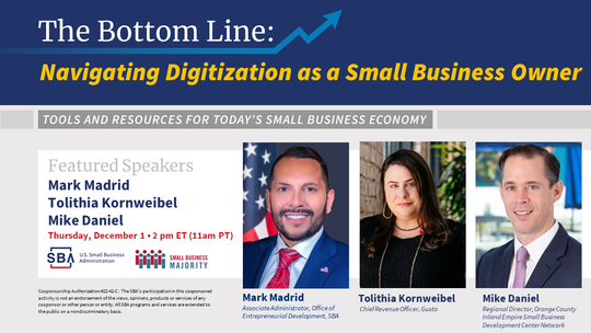 Photo of three people with the following text: Navigating Digitalization as a Small Business Owner webinar on December 1 at 2 pm ET