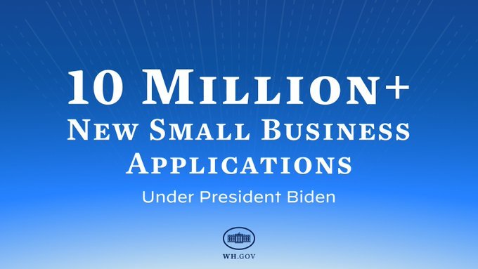 Blue background with the White House logo and text, 10 million+ new small business applications under President Biden