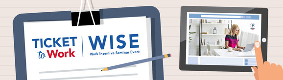 Ticket to Work webinar banner with image of woman working at computer 