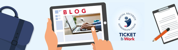 Ticket to Work blog banner with image of person typing on a laptop keyboard