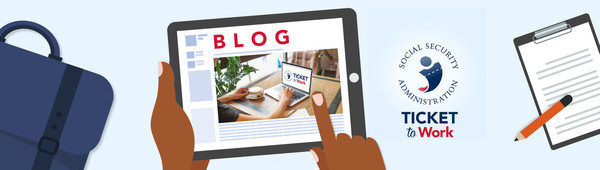 Ticket to Work blog banner with image of a person drinking tea and viewing the Ticket to Work logo on a laptop screen