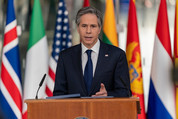 Secretary Blinken speaking at NATO headquarters.