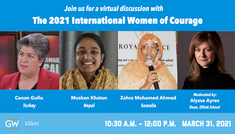 Graphic showing speaker names at the 2021 International Women of Courage event taking place from 10:30am to noon on March 31, 2021.