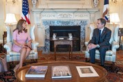 Colombian Vice President and Foreign Minister-Designate Marta Lucía Ramírez and Secretary Antony Blinken sit in a reception room.