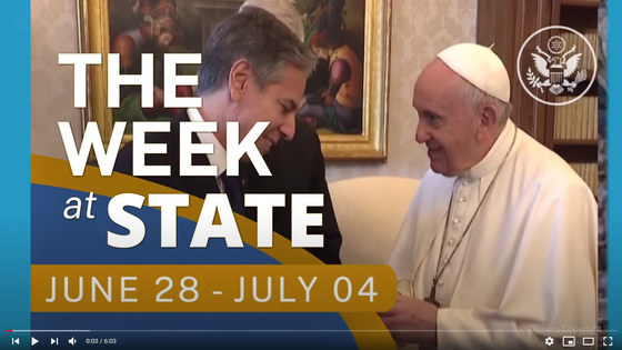 Screenshot of video of The Week At State showing Secretary Blinken with Pope Francis.