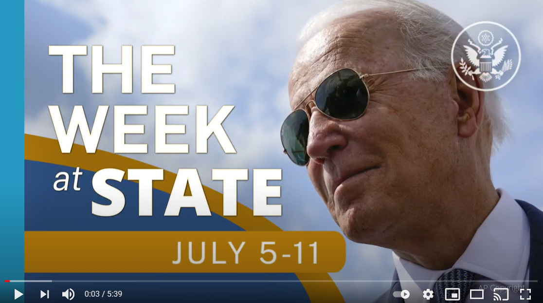 Screenshot of video of The Week At State, July 5-11, showing President Biden in sunglasses.