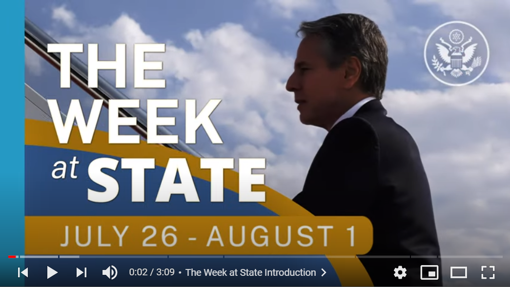 Screenshot of video of The Week At State, July 26 - August 1, showing Secretary Blinken climbing steps to board a plane.