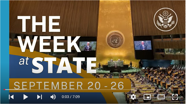 Screenshot of video of The Week At State, September 20 - 26, showing the inside of the United Nations General Assembly.