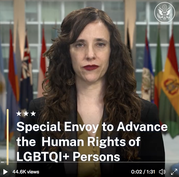 Screenshot of video with Jessica Stern and the text “Special Envoy to Advance the Human Rights of LGBTQI+ Persons”.