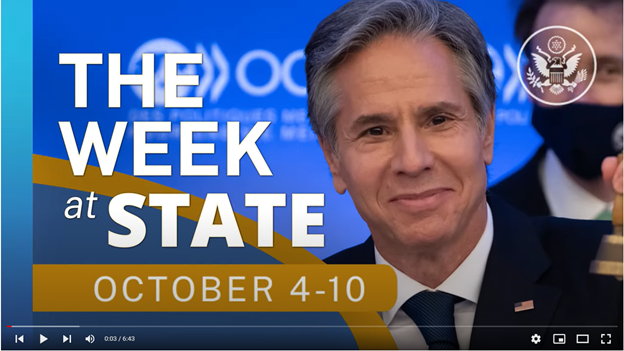 The words "The Week at State" and Secretary Blinken smiling. 