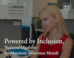 A woman in a red dress working at a desk, and the words “Powered by Inclusion: National Disability Employment Awareness Month”.