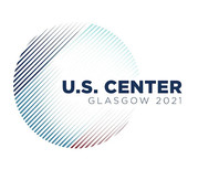 Thinly striped circle with U.S. Center, Glasgow 2021 text overlaid.