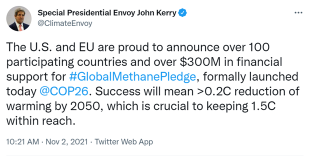 Tweet from John Kerry  about methane