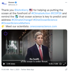 Tweet from the organization Ifremer thanking John Kerry for his work on oceans.