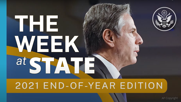 Screenshot of video of The Week At State showing Secretary Blinken from a side profile.