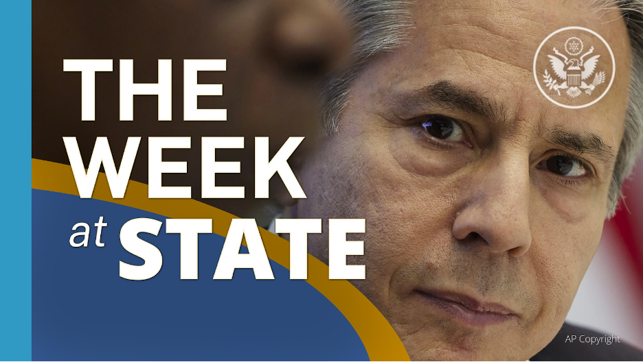 Screenshot of video of The Week At State showing Secretary Blinken staring ahead. 