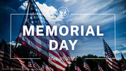 A group of American flags are flying with a blue sky in the background, with the words 