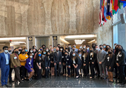 Cohort of Rangel Fellows standing at the Department of State's lobby. 