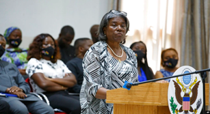 U.S. Ambassador to the United Nations Linda Thomas-Greenfield delivers a keynote address on peace and food security at the University of Ghana