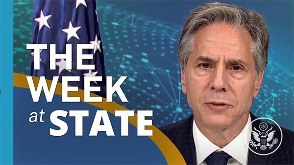 Screenshot of video of The Week At State showing Secretary Blinken. 