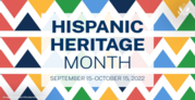 graphic with red, yellow, dark and light blue, and green triangles behind a white box with text that reads Hispanic Heritage Month