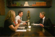 Secretary Blinken sits across a dinner table from Prime Minister Trudeau and Foreign Minister Joly. 