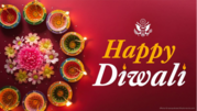 Graphic with bright cranberry red background with traditional Diwali lamps in a circular formation and flowers in the center. 