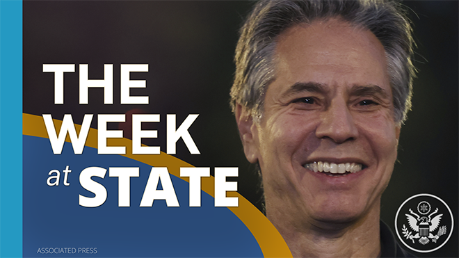 Screenshot of video of The Week At State showing Secretary Blinken smiling broadly. 