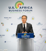 Secretary Blinken stands on stage at the U.S.-Africa Business Forum in Washington D.C.
