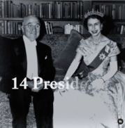 President Truman and Queen Elizabeth II sitting side by side in a black and white photograph. 