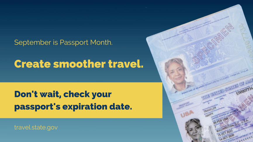 Graphic featuring a copy of a passport and the text: "September is Passport Month. Don